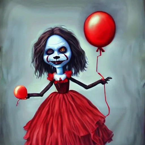 Prompt: grunge painting of anabelle with a wide smile and a red balloon by chris leib, loony toons style, pennywise style, corpse bride style, horror theme, detailed, elegant, intricate