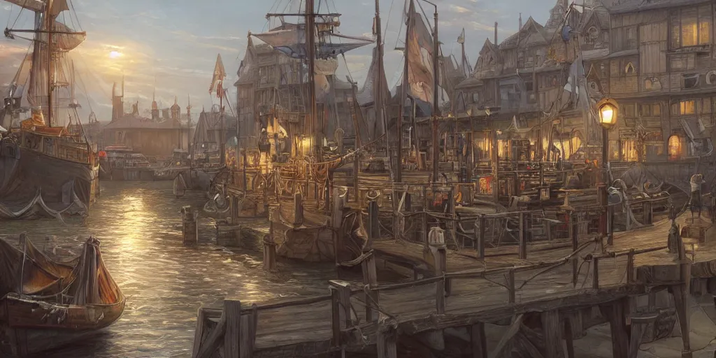 Image similar to empty medieval port town docks lively dockside tavern with a sort of ship theme, pokemon sword and sheild, bright future, social realism, highly detailed, digital painting, artstation, concept art, matte, sharp focus, illustration, art by artgerm and greg rutkowski and alphonse mucha