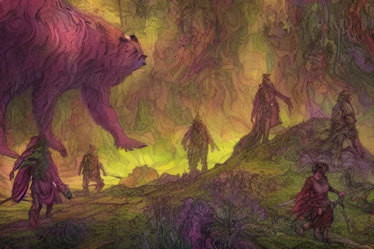 Prompt: group of bear riders walking through a psychedelic landscape, in the style of Greg Broadmore and Arthur Rackham and Moebius, trending on artstation, light lighting side view,digital art,surrealism ,macro,blueprint ,vaporwave ,