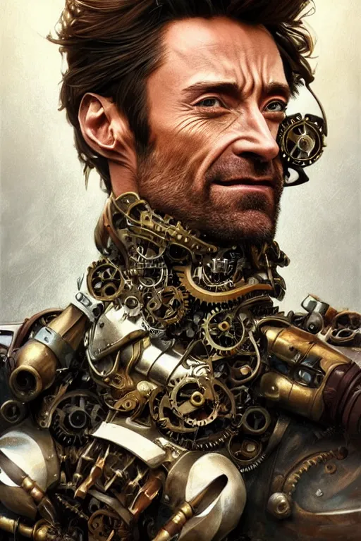 Prompt: hugh jackman as a steampunk cyborg, portrait, western, steampunk, duster, fantasy, intricate, elegant, highly detailed, digital painting, artstation, concept art, sharp focus, illustration, art by artgerm and greg rutkowski and alphonse mucha