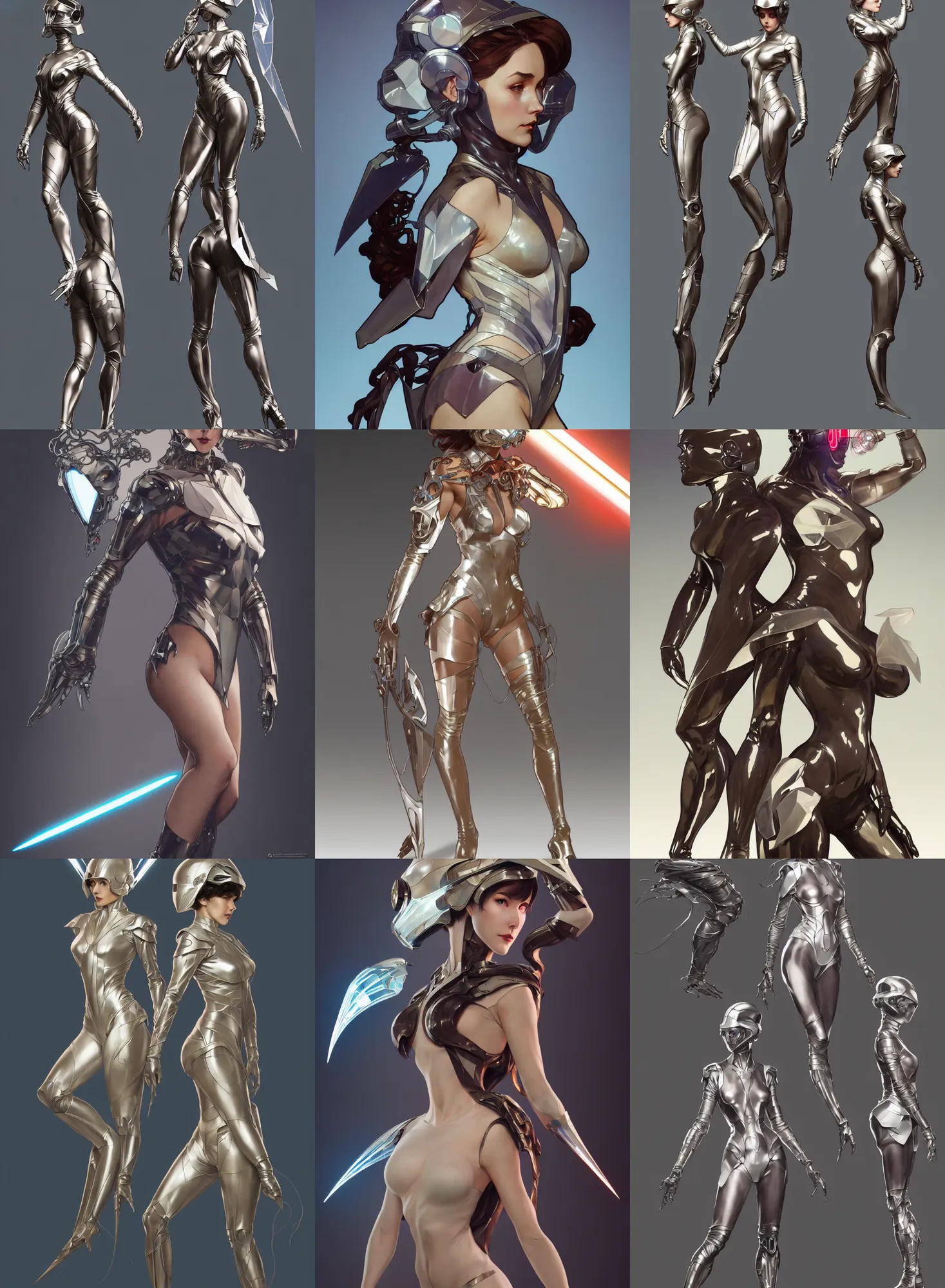 Image similar to a full body character design by artgerm, cushart krenz, greg rutkowski and alphonse mucha. sci - fi dagger. laser and translucent plastic tape project show attctive showgirl!! sci - fi helmet!! sharp edges. ultra clear detailed. contour light effect!! 8 k. ultra detailed, elegant, intricate, octane render.