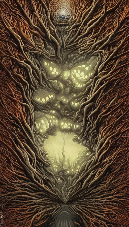 Image similar to a storm vortex made of many demonic eyes and teeth over a forest, by naoto hattori