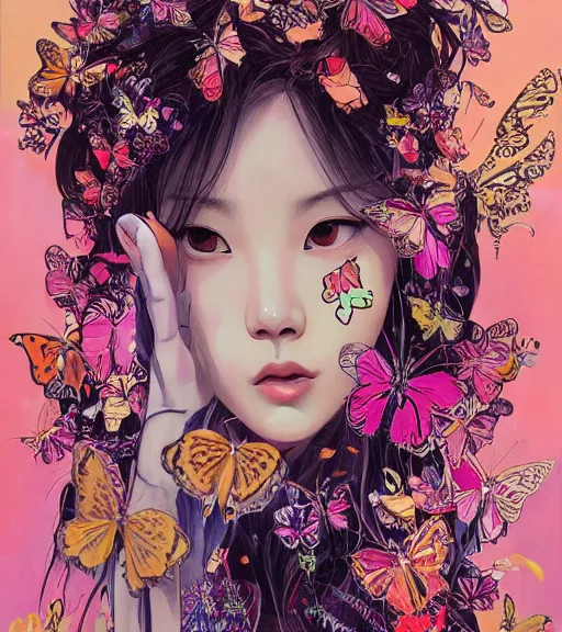 Prompt: !!! very coherent!!! oil painting, beautiful floralpunk lisa blackpink cyborg portrait girl female illustration detailed patterns art of thai traditional dress, butterfly pop art, floral splash painting, butterfly, art by ashley wood, alphonse mucha, makoto shinkai, geof darrow, dark shadow