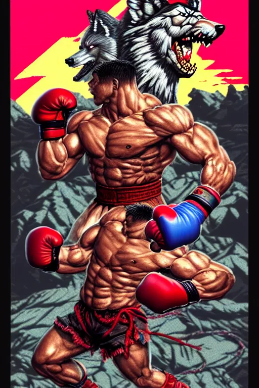 Image similar to extreme long shot. 8 bit nes graphics. antropomorphic muscular masculine wolf. kickboxer fighter, in shorts. wolf head. streetfighter, contra. fine details, very sharp, art from nes game cartridge, 8 0's, vhs artefacts, vaporwave style, marc simonetti and hermann nitsch