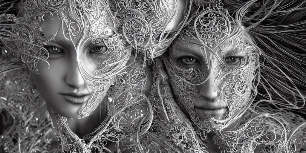 Prompt: hyper realistic photography of a stunningly beautiful cyborg male and woman, intimate, intricate filigree, in the style of beth cavener, jin kagetsu, and wlop, highly detailed, chrome face symmetry, masterpiece, award winning, sharp focus, concept art, high key, ambient lighting, 8 k, octane render,