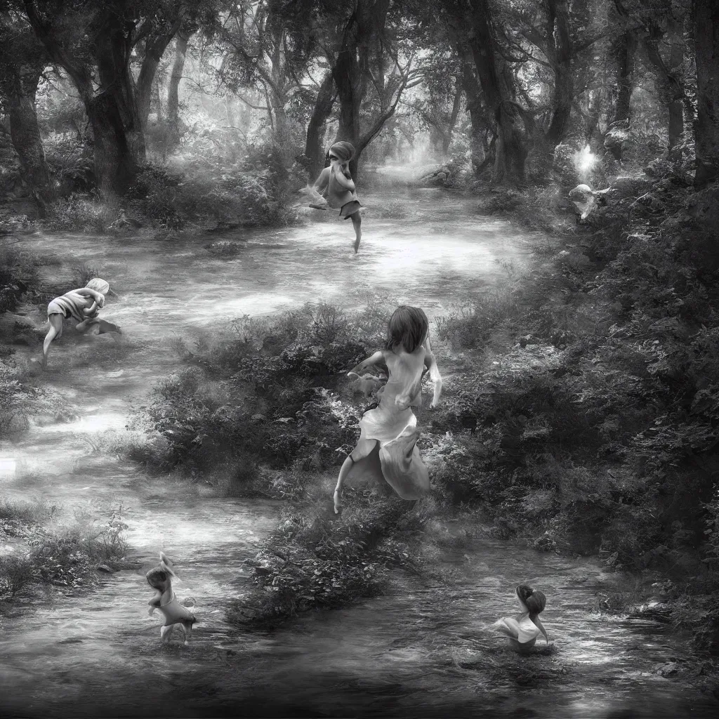 Image similar to an angel chasing a child through a creek in the woods, bad dream, hazy memory, volumetric, hyper realistic, octane render, dark black and white in the style of alvin schwartz, epic angles