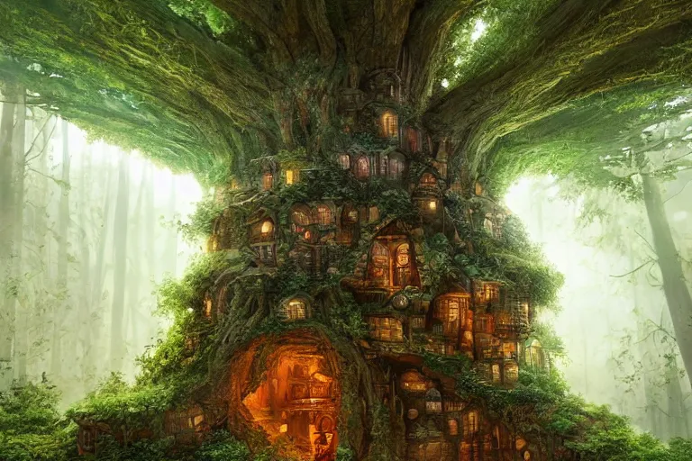 Image similar to a miniature city built into the trunk of a single colossal tree in the forest, with tiny people, in the style of marc simonetti, lit windows, close - up, low angle, wide angle, awe - inspiring, highly detailed digital art