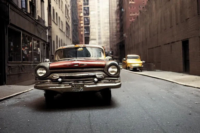 Prompt: street photography by saul leiter, in a narrow new york sunlit alley, award winning photo of an ultra detailed intricate dirty vintage ford car speeding very fast on mud, fast shutter speed, motion blur, tiny gaussian blur, highly detailed, highly intricate, depth of field, trending on top gear