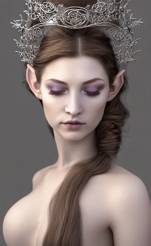 Prompt: complex 3 d render, ultra detailed, realistic portrait of a beautiful porcelain skin woman, face, wispy, wavy hair worn tied back in a messy bun, wearing filigree silver elven circlet, wide open eyes, flowers in hair, brown eyeshadow, mauve lips, natural makeup, 8 5 mm lens, beautiful, studio portrait, goddess,