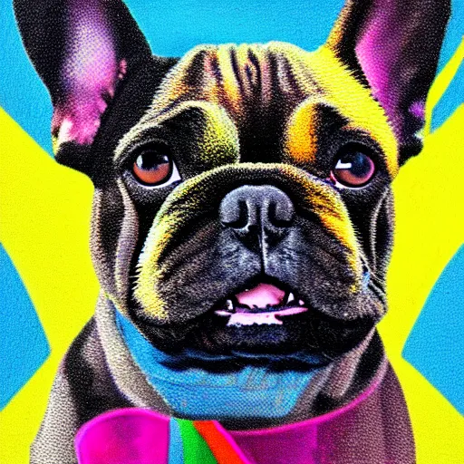 Image similar to rainbow excited smiling french bulldog puppy. pop art.