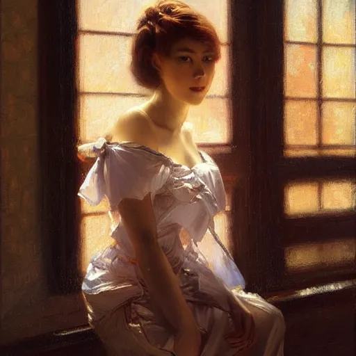 Prompt: a fantastic high fashion stunning backlit portrait of frowning anime girl, by window, painting by gaston bussiere, craig mullins, j. c. leyendecker