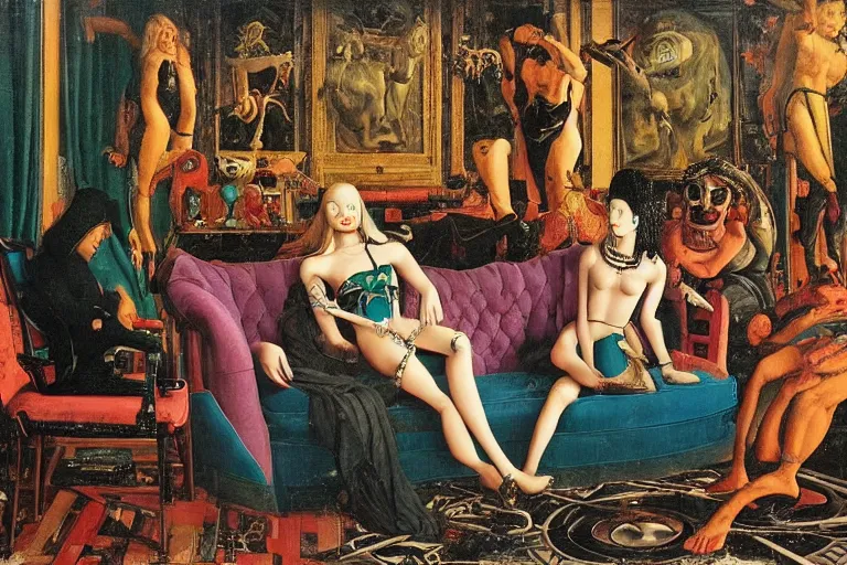 Prompt: close up portrait of a punk goth alien martian girl on a sofa in a futuristic retrowave room by david lachapelle, oil painting by canaletto hieronymus bosh leonardo da vinci piero della francesca botticelli rex whistler