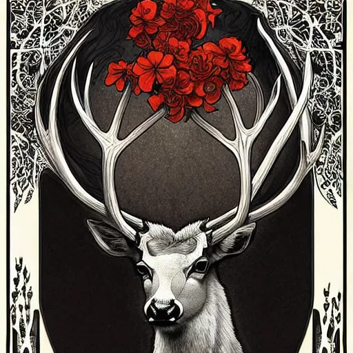 Image similar to black and white deer, with highly detailed with red flowers, long flowing mane and tail, ultra high detail, symmetry, in a hellscape, detail art style of alfons maria mucha, and peter mohrbacher atyles god lighting