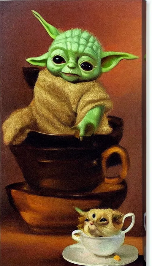 Image similar to painting of adorable furry baby yoda in a teacup, by peder krøyer, dramatic lighting, golden hour, adorable, intricate detail, canvas print