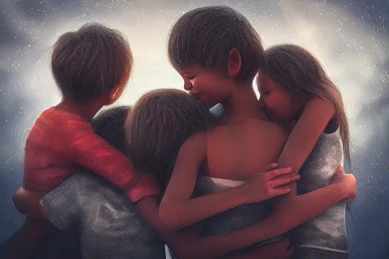 Prompt: “A family hugging each other for the last time as the world is ending, meteors are falling from the sky, everything is on fire, dramatic lighting, digital art, beautiful, 8K, dark lighting, trending on Artstation, award winning”