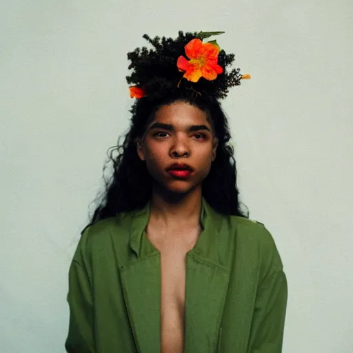 Image similar to realistic! photoshoot for a new nike lookbook, color film photography, portrait of a beautiful woman, woman got a flower in her hair, in style of tyler mitchell, 35mm