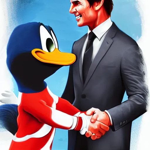 Prompt: tom cruise shaking hands with donald duck, digital art, highly - detailed, artstation cgsociety masterpiece