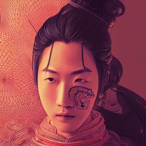 Image similar to the portrait of an unbelievably beautiful, elegant, sensual, and sophisticated young japanese samurai, an ultrafine detailed illustration by james jean, intricate linework, bright colors, final fantasy, behance contest winner, vanitas, angular, altermodern, unreal engine 5 highly rendered, global illumination, radiant light, detailed and intricate environment