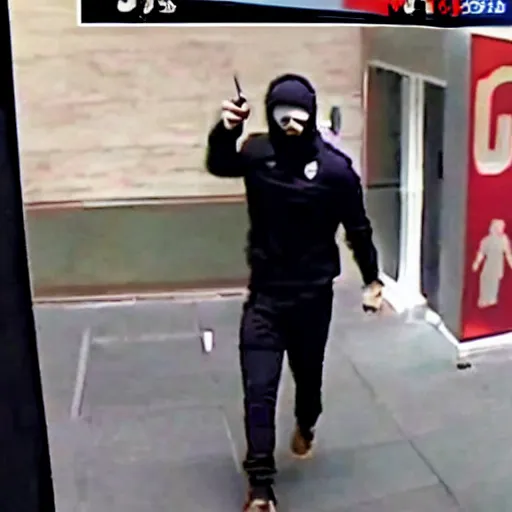 Prompt: security camera footage of cristiano ronaldo trying to rob a bank, he is holding a gun and a bag with the dollar sign