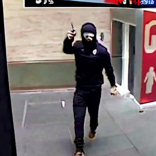 prompthunt: security camera footage of cristiano ronaldo trying to rob a  bank, he is holding a gun and a bag with the dollar sign