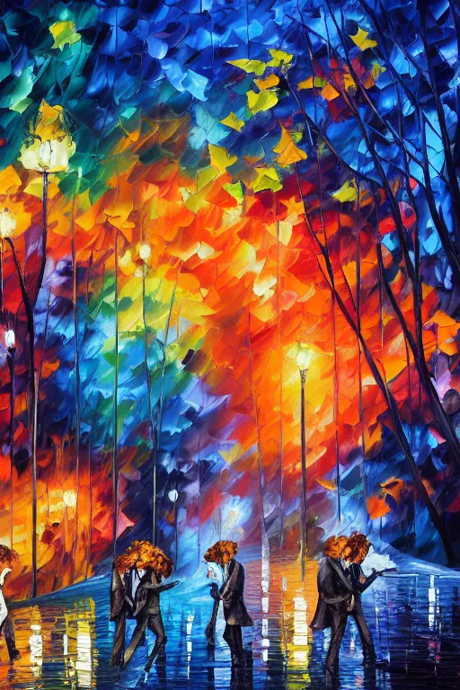 Image similar to the 4 beatles oil painted by Dan Mumford and Leonid Afremov