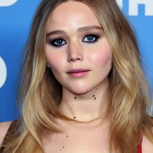 Image similar to a woman who is a genetic combination of jennifer lawrence and elizabeth olsen face and upper - body focus