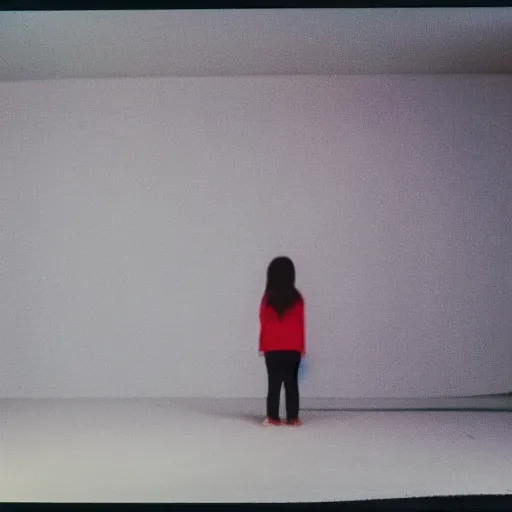 Prompt: a girl watching a lot of television screens static on a room, 8 mm, found footage