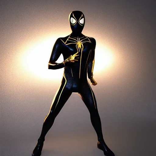 Image similar to gold spider - man suit with black web lining, cinematic, volumetric lighting, realistic, hyperdetailed, photorealistic, photograph