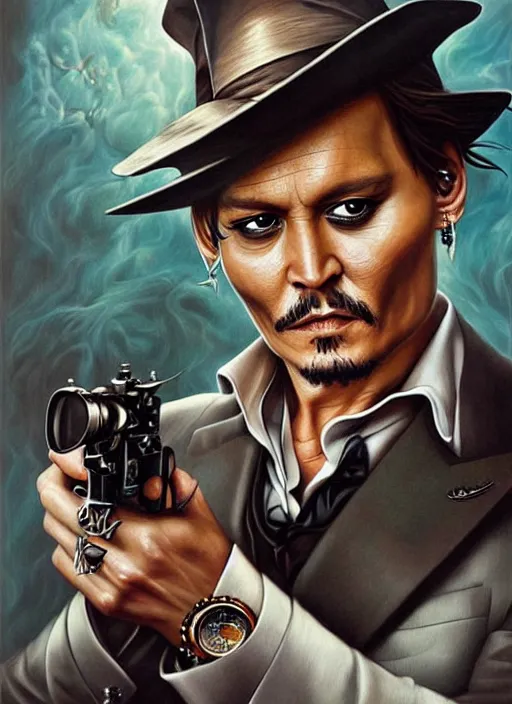 Image similar to johnny depp play james bond film by james jean, karol bak