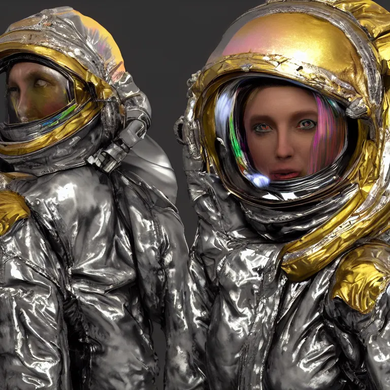 Image similar to octane render portrait by wayne barlow and carlo crivelli and glenn fabry, subject is a woman covered in tie - dye aluminum foil space suit with a iridescent metallic space helmet, inside a dark gothic rococo palace, cinema 4 d, ray traced lighting, very short depth of field, bokeh