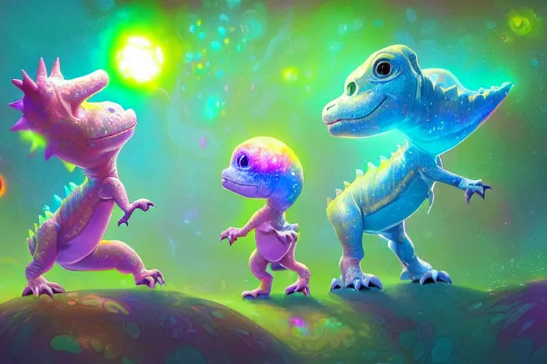 Image similar to pixar designed cute, smiling chibi style baby dinosaurs made entirely out of glowing electrified plasma, having fun inside a psychedelic realm made entirely out of love and acceptance and hypercolors. astral beings sharing love. greg rutkowski and wlop and lisa frank! and ruan jia, illustration, epic, fantasy, hyper detailed, smooth, unreal engine, sharp focus, ray tracing