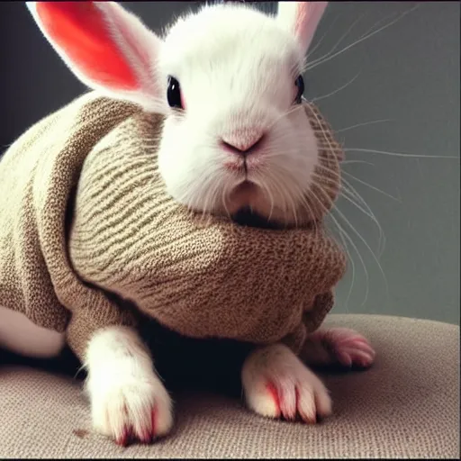 Prompt: A tired cartoon albino rabbit in a sweater.