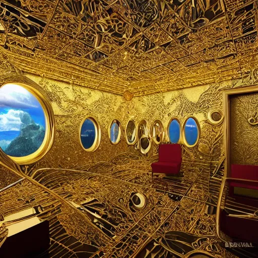 Image similar to an incredibly beautiful world of multifaceted mirrored optical illusions twisted around organic other worldy lifeforms in the style of erik johansson by dr. seuss covered in intricate gold leaf detail in a gothic hotel room with soft indirect lighting, final fantasy, cinematic colors, behance contest winner, unreal engine 5 highly rendered, global illumination, radiant light, detailed and intricate environment