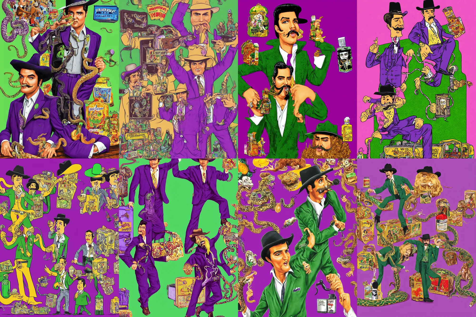 Prompt: long shot full body portrait of professional wrestling salesman elvis presley johnny cash cowboy snakeoil salesman wearing oversized cowboy hat with curly moustache and anthropomorphic purple snakeskin business suit, pictured in front of a green screen selling locomotive petroleum snake oil eggs bottled in faberge briefcases from the distant future, portrait art by lisa frank and basil wolverton