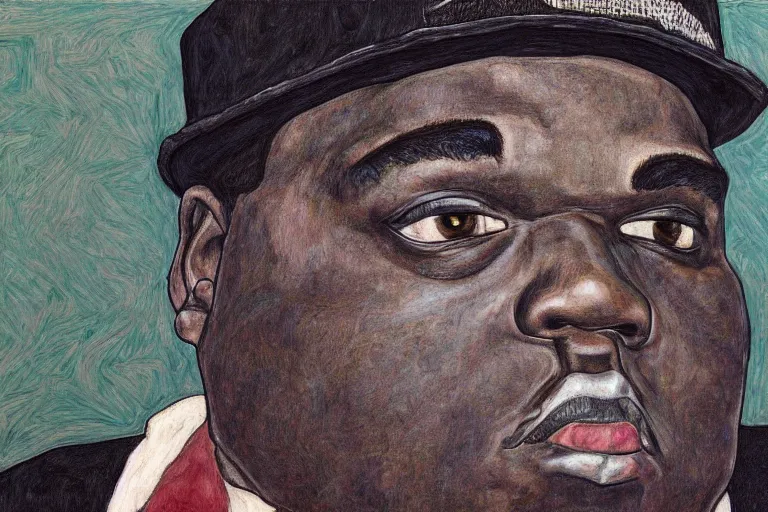 Image similar to a mug shot style portrait of biggie smalls by egon schiele, masterpiece, hyperdetailed, complex, intricate, 4 k, trending on artstation