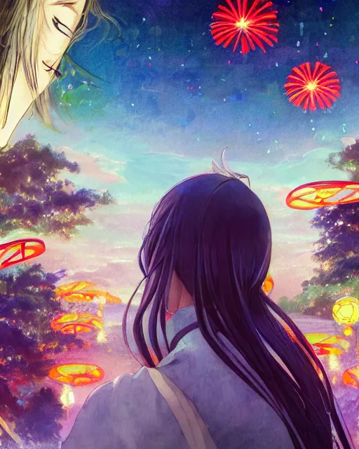 Prompt: beautiful anime painting of a boy and a girl with long hair from behind at a shinto shrine looking up at the night sky illuminated by colorful new years fireworks, by WLOP and Slawek Fedorczuk and rossdraws, trending on artstation, concept art