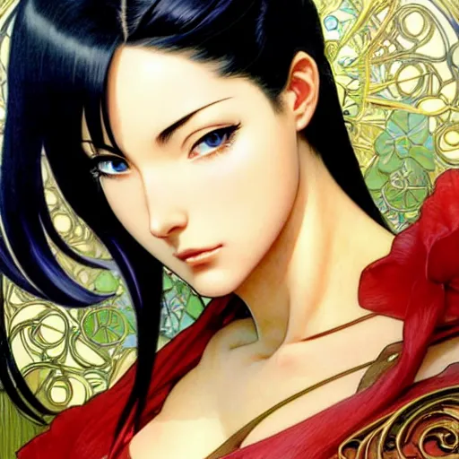 Image similar to intricately detailed vfx portrait of nico robin by eiichiro oda!, makoto shinkai, alphonse mucha, art by artgerm and greg rutkowski!, blue eyes!!, large aquiline nose!!, best of behance, concept art, matte, sharp focus, adolphe bouguereau, annie leibovitz, stanley kubrick,