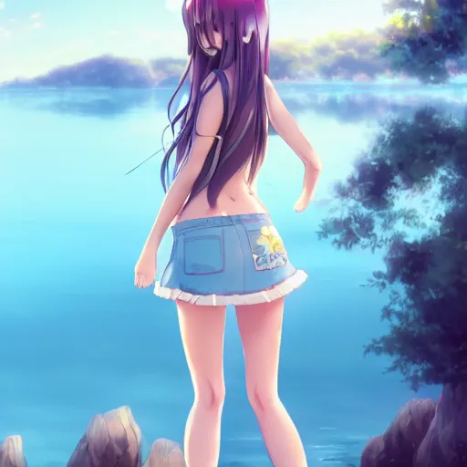 Image similar to a very beautiful anime girl, full body, long golden hair, sky blue eyes, full round face, short smile, mini jeans skirt, cute top, lake summer setting, cinematic lighting, medium shot, mid-shot, highly detailed, trending on Artstation, Unreal Engine 4k, cinematic wallpaper by Stanley Artgerm Lau, WLOP, Rossdraws, James Jean, Andrei Riabovitchev, Marc Simonetti, and Sakimichan