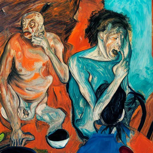 Image similar to high quality high detail expressionist painting of a man in agony by lucian freud and jenny saville and francis bacon and francisco goya and egon schiele and edvard munch and, hd, anxiety, seated at table crying and screaming, turquoise and orange