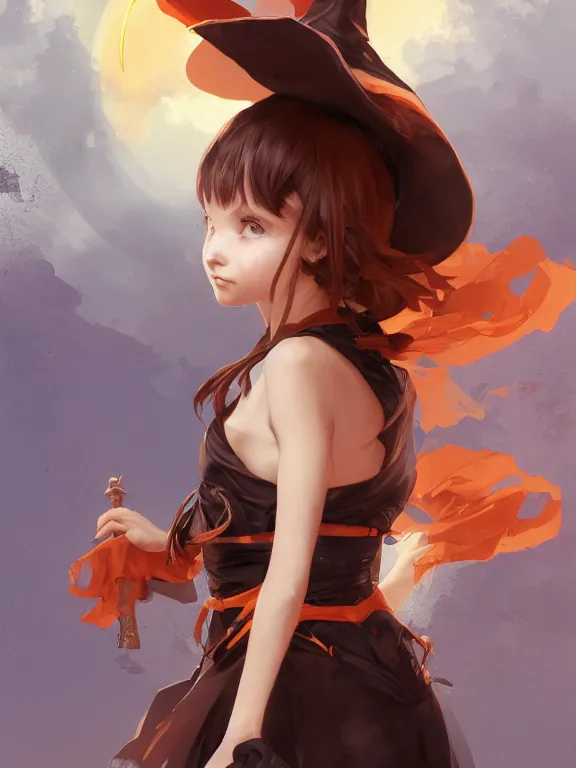 Prompt: Full shot of a cute mischievous young witch about to get up to some trouble. Latin American fashion. Black and Orange palette. Latina girl. brown skin. By Ruan Jia and Artgerm and Range Murata and WLOP. Key Art. Fantasy Illustration. award winning, Artstation, intricate details, realistic, Hyperdetailed, 8k resolution.