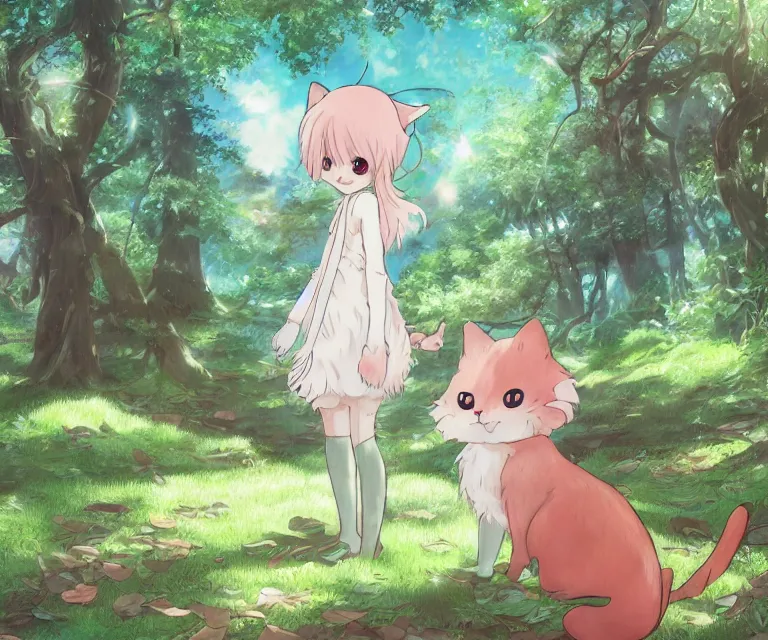 Prompt: kawaii cat in a forest, anime fantasy illustration by tomoyuki yamasaki, kyoto studio, madhouse, ufotable, comixwave films, trending on artstation