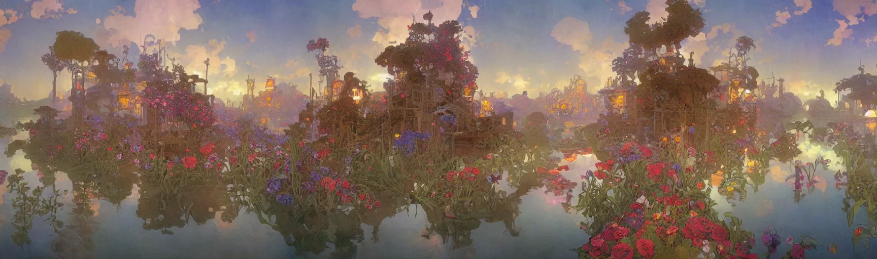 Prompt: a beautiful painting of a utopian science fiction landscape, a lake with boats, houses on stilts, different colour led lights and neon, flowers, by alfons maria mucha and julie dillon and makoto shinkai