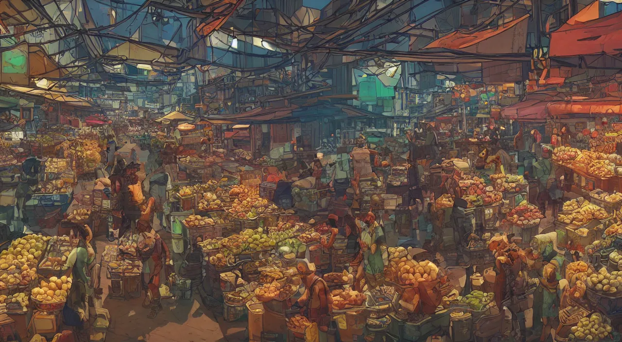 Image similar to a market in metro manila painting stylized digital illustration video game icon global illumination ray tracing that looks like it is from borderlands and by feng zhu and loish and laurie greasley, victo ngai, andreas rocha, john harris