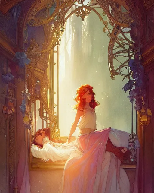 Image similar to secret romance, highly detailed, gold filigree, romantic storybook fantasy, soft cinematic lighting, award, disney concept art watercolor illustration by mandy jurgens and alphonse mucha and alena aenami, pastel color palette, featured on artstation