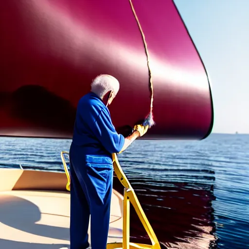 Image similar to wrinkled hunchbacked old man in musty burgundy suit, polishing painting the side of a huge gold plated mega yacht with a cloth, maintenance photo