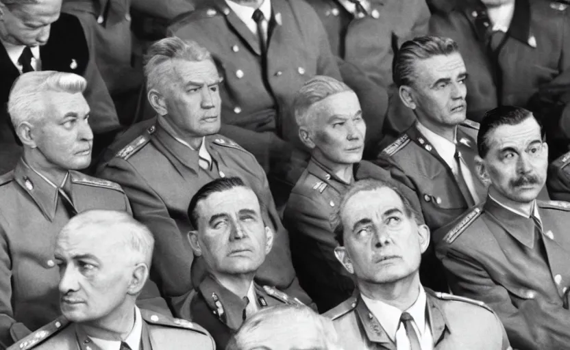 Prompt: 50s movie still of very diverse soviet generals head with very detailed faces in a stalinist parlement, by Alexei Guerman, Cinestill 800t 35mm black and white, heavy grainy picture, very detailed, high quality, 4k, HD criterion, precise texture, face diversity, haircut diversity, age diversity