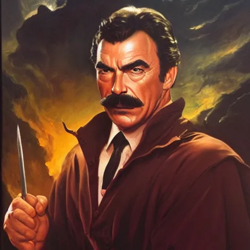 Prompt: ultra realistic portrait painting of tom selleck as lord voldemort, art by frank frazetta, 4 k, ultra realistic, highly detailed, epic lighting