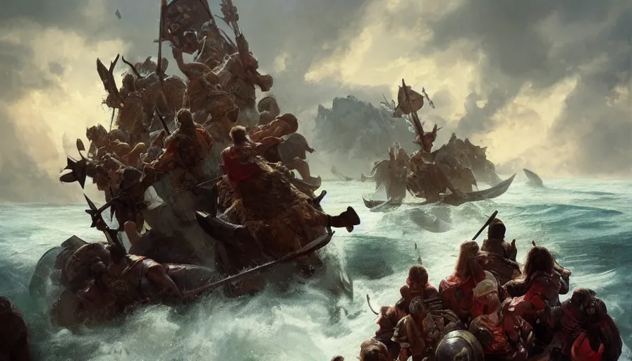 Prompt: vikings, nodric gods, fighting epic battle on floating islands in the sky, good composition, artstation, 4 k illustration, sharp focus, sunlit, painted by ruan jia, raymond swanland, lawrence alma tadema, zdzislaw beksinski, norman rockwell, jack kirby, tom lovell, alex malveda, greg staples