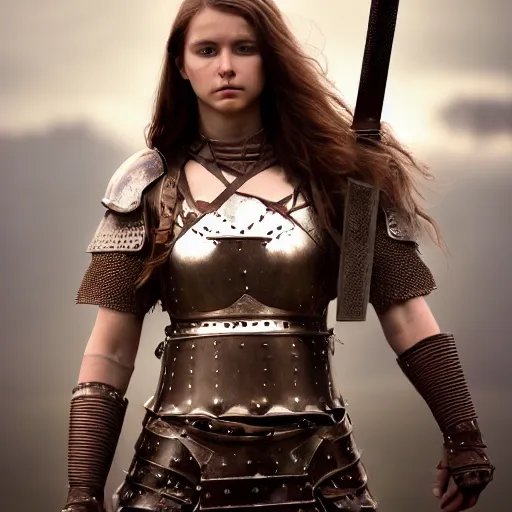 Image similar to real life photo of medieval warrior princess in armor, full body photoshoot, long brown hair, brown eyes, full round face, short smile, showing belly and chest, forest setting, cinematic lightning, medium shot, mid - shot, highly detailed, trending on artstation, unreal engine 4 k, 8 0 mm, 8 5 mm, cinematic wallpaper