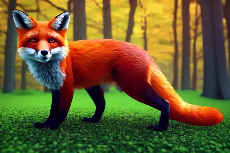 Image similar to super detailed color lowpoly art, red fox in an autumn maple forest, unreal engine, retrowave color palette, 3 d render, lowpoly, colorful, digital art, perspective